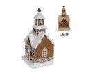 Voir la slide Maison pain d'épices LED chapelle brune glaçage blanc clocher croix couronne houx H15cm