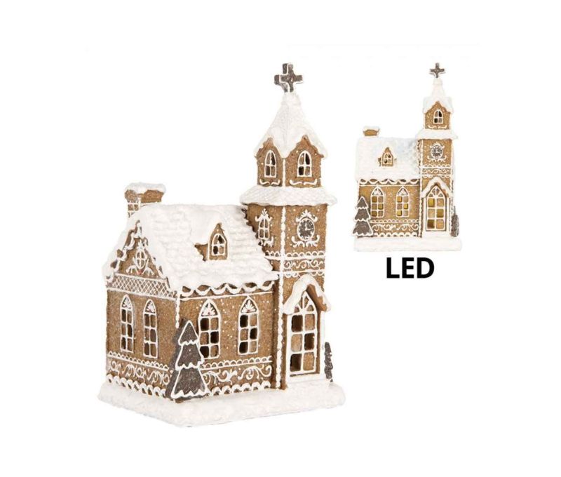 Maison pain d'épices LED chapelle brune glaçage blanc clocher croix couronne houx H15cm