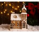 Voir la slide Maison pain d'épices LED chapelle brune glaçage blanc clocher croix couronne houx H15cm