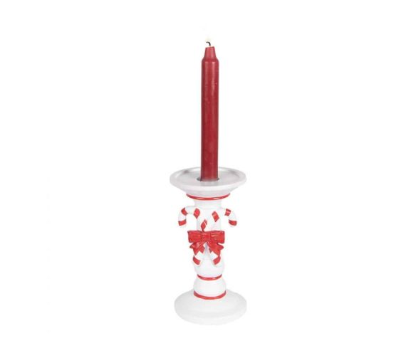 Bougeoir de Noël en résine blanc deux cannes sucre d'orge rayées rouge blanc nœud rouge H18cm - Lilosquare