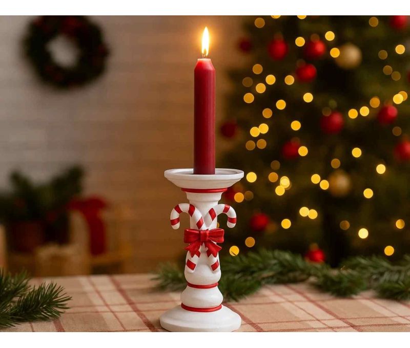 Bougeoir de Noël en résine blanc deux cannes sucre d'orge rayées rouge blanc nœud rouge H18cm - Lilosquare