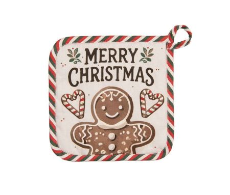Manique de Noël motif pain d'épices et liseré candy cane, 100% coton, 20x20cm
