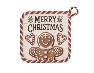 Manique de Noël motif pain d'épices et liseré candy cane, 100% coton, 20x20cm