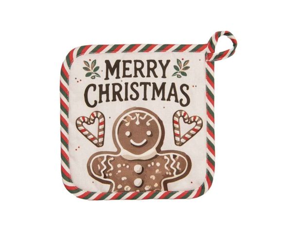 Manique de Noël motif pain d'épices et liseré candy cane, 100% coton, 20x20cm