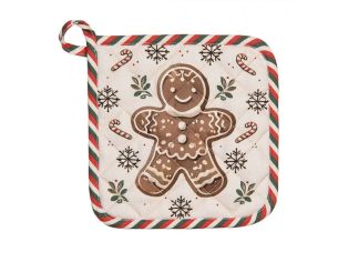 Manique de Noël motif pain d'épices et liseré candy cane, 100% coton, 20x20cm
