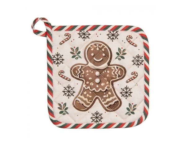 Manique de Noël motif pain d'épices et liseré candy cane, 100% coton, 20x20cm