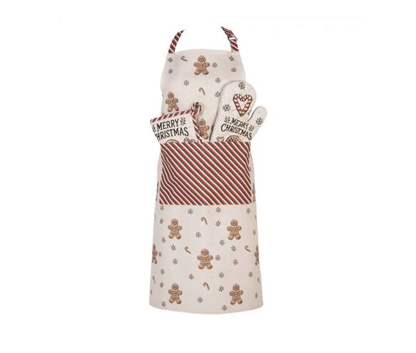 Gant cuisine coton matelassé beige bonhomme pain d'épices inscription Merry Christmas sucres d'orge flocons 30x18cm