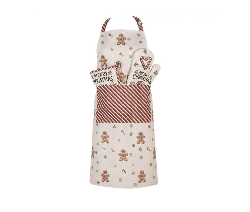 Gant cuisine coton matelassé beige bonhomme pain d'épices inscription Merry Christmas sucres d'orge flocons 30x18cm