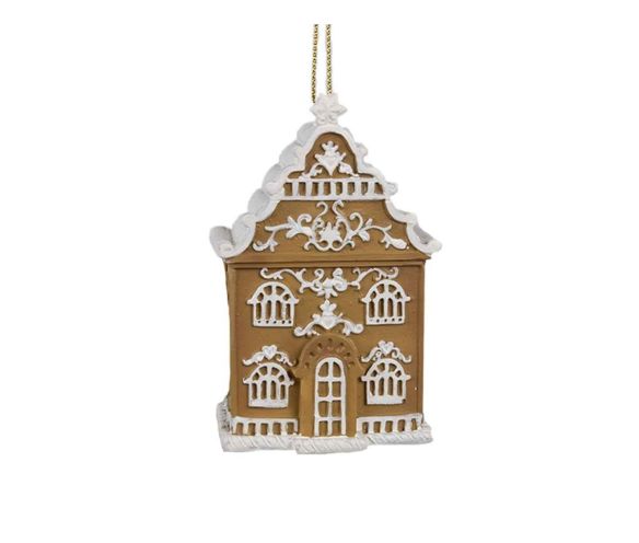 Suspension résine maison pain d'épices brun caramel façade glaçage blanc arabesques fenêtres porte H9cm