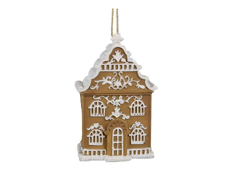 Suspension résine maison pain d'épices brun caramel façade glaçage blanc arabesques fenêtres porte H9cm