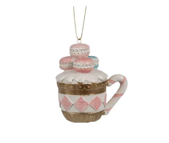 Suspension résine tasse motif losanges roses dorés anse sucre d'orge crème fouettée macarons roses bleus H7cm