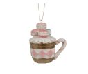 Voir la slide Suspension résine tasse motif losanges roses dorés anse sucre d'orge crème fouettée macarons roses bleus H7cm