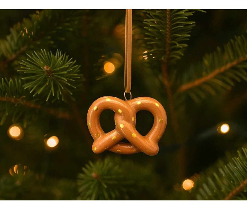 Suspension Noël céramique bretzel brun caramel points jaunes lacet marron H5cm