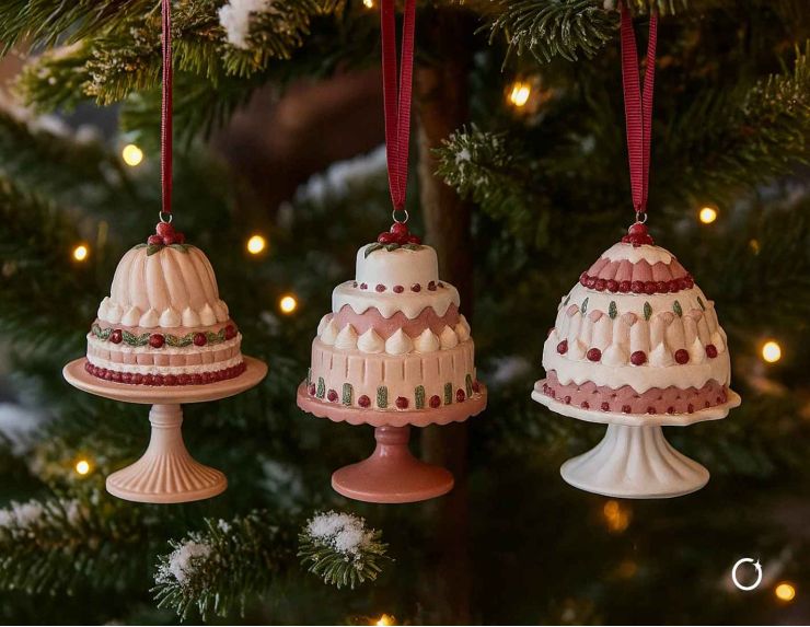 Set de 3 suspensions en forme de gâteaux rose en résine. Hauteur : 12 cm. Ruban rouge pour accroche.