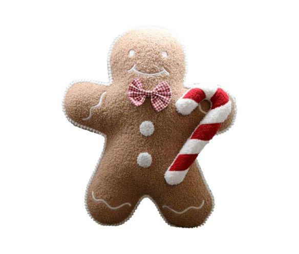 Coussin Noël bouclette bonhomme pain d'épices beige nœud vichy rose sucre d'orge rouge blanc H48cm - Lilosquare