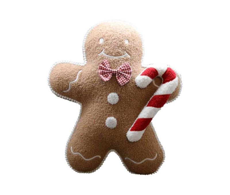 Coussin Noël bouclette bonhomme pain d'épices beige nœud vichy rose sucre d'orge rouge blanc H48cm - Lilosquare