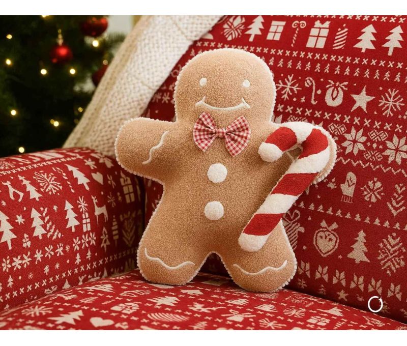 Coussin Noël bouclette bonhomme pain d'épices beige nœud vichy rose sucre d'orge rouge blanc H48cm - Lilosquare