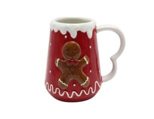 Mug rouge en céramique décoré d’un biscuit pain d’épices en relief. Hauteur : 12 cm.