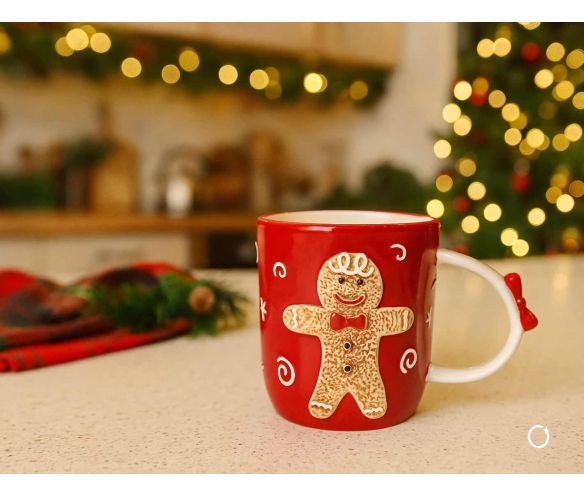 Mug céramique rouge Noël bonhomme pain d'épices relief motifs tourbillons poignée nœud 430ml