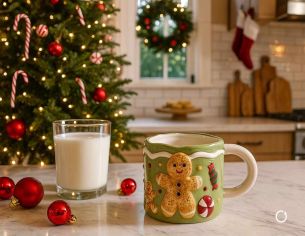 Mug en céramique vert décoré de bonhommes pain d’épices, sucres d’orge et guimauve,