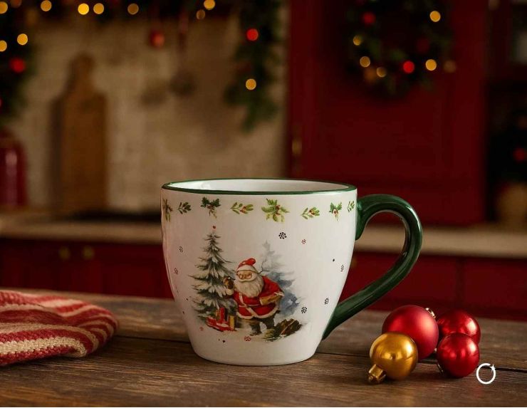 Grand mug en céramique blanche avec poignée verte, décor vintage de Père Noël et sapins enneigés