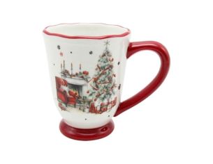 Mug de Noël en céramique blanche au décor vintage de salon de Noël, bord et anse rouges.