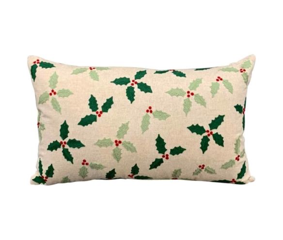 Coussin de Noël rectangulaire 30x50cm fond naturel beige motif feuilles de houx vertes baies rouges - Lilosquare