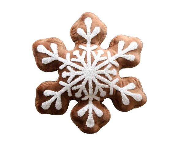 Coussin Noël forme flocon brun caramel effet pain d'épices broderie flocon blanche en relief D43cm - Lilosquare