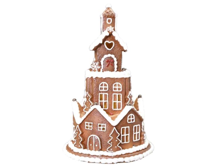 Maison en résine façon pain d’épices, hauteur 23 cm, éclairage LED intégré