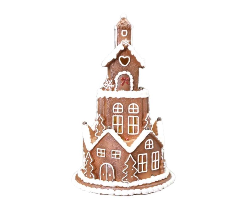 Maison en résine façon pain d’épices, hauteur 23 cm, éclairage LED intégré