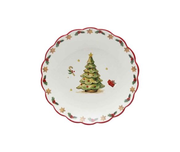 Assiette céramique blanche bord festonné rouge sapin décoré cadeaux étoiles houx Ø20cm
