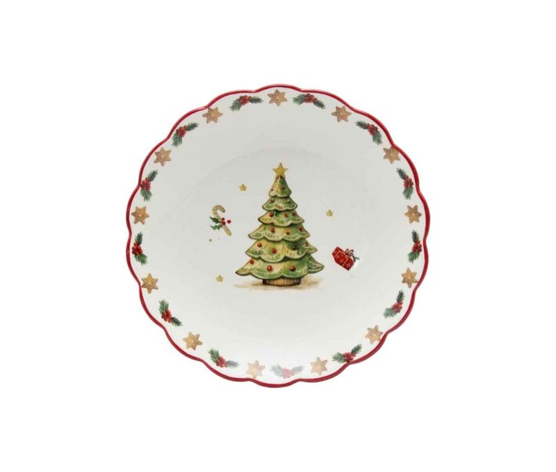 Assiette céramique blanche bord festonné rouge sapin décoré cadeaux étoiles houx Ø20cm