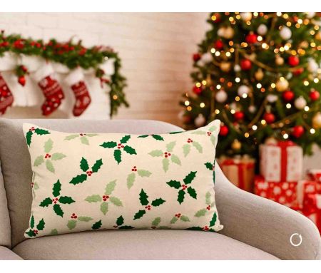 Coussin de Noël décor houx  50 x 30 cm