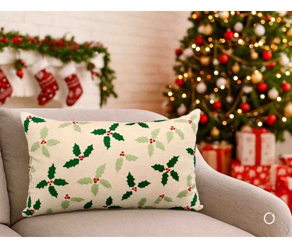 Coussin de Noël décor houx  50 x 30 cm