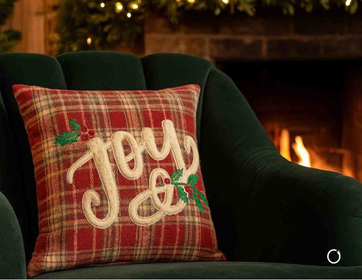 Coussin de Noël carré 45 x 45 cm en tissu tartan rouge et beige, brodé du mot "Joy" avec feuillage vert,