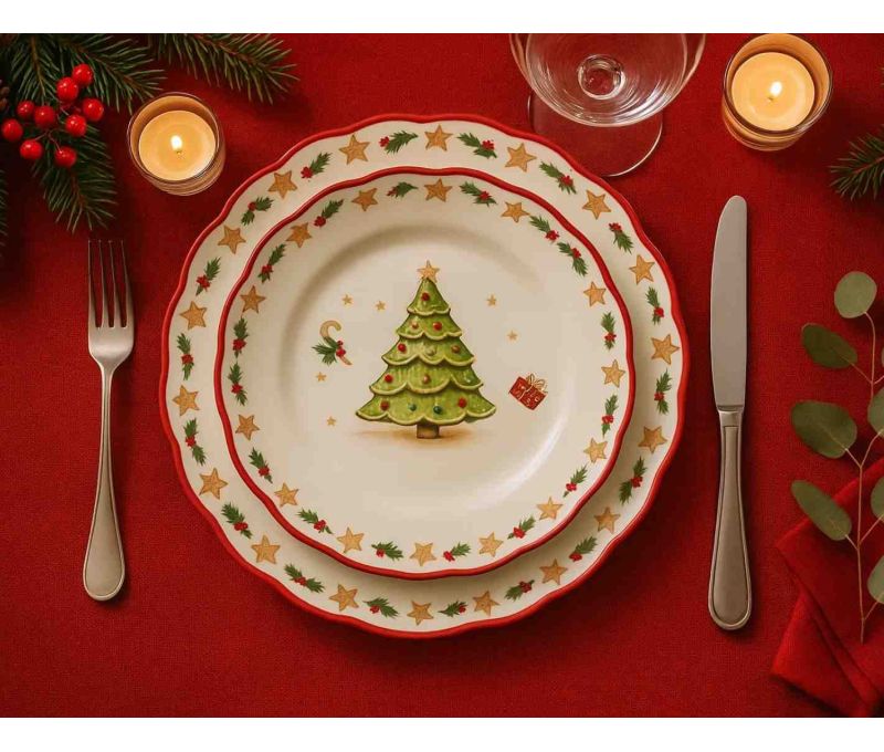 Assiette céramique blanche bord festonné rouge sapin décoré cadeaux étoiles houx Ø20cm
