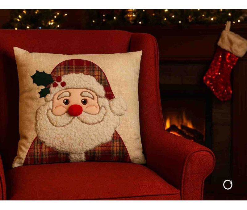 Coussin de Noël beige naturel visage Père Noël appliqué sherpa blanc bonnet tartan rouge houx nez rouge 45x45cm - Lilosquare