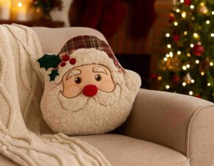 Coussin en forme de tête de Père Noël avec bonnet à carreaux,