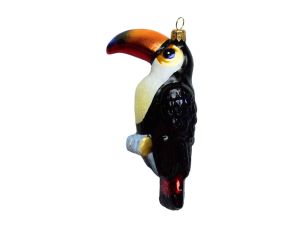 Suspension toucan en verre soufflé, peinte à la main. Hauteur : 14 cm.