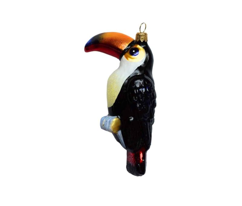 Suspension Noël verre soufflé toucan corps noir brillant bec large orangé bleu gorge H14cm