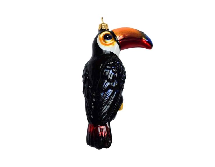 Suspension toucan en verre soufflé, peinte à la main. Hauteur : 14 cm.