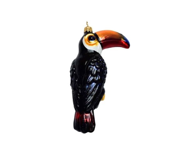 Suspension toucan en verre soufflé, peinte à la main. Hauteur : 14 cm.