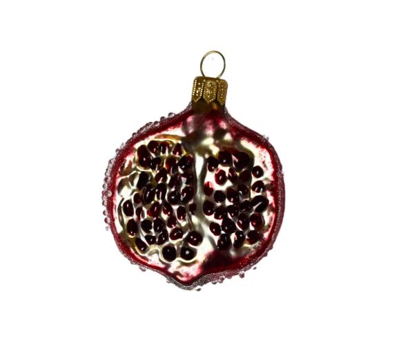 Suspension Noël verre soufflé grenade ouverte coupe rouge rubis grains bordeaux chair nacrée bord perlé capuchon doré H8cm