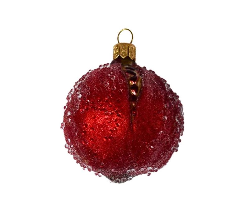 Suspension Noël verre soufflé grenade ouverte coupe rouge rubis grains bordeaux chair nacrée bord perlé capuchon doré H8cm