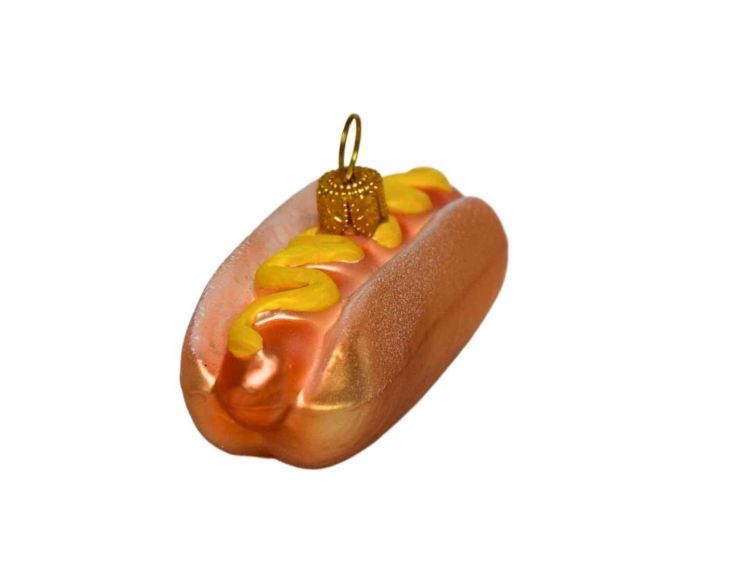 Suspension de Noël hot dog en verre soufflé peint à la main. Déco originale à suspendre.