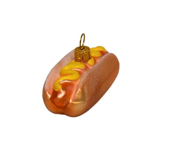 Suspension de Noël hot dog en verre soufflé peint à la main. Déco originale à suspendre.
