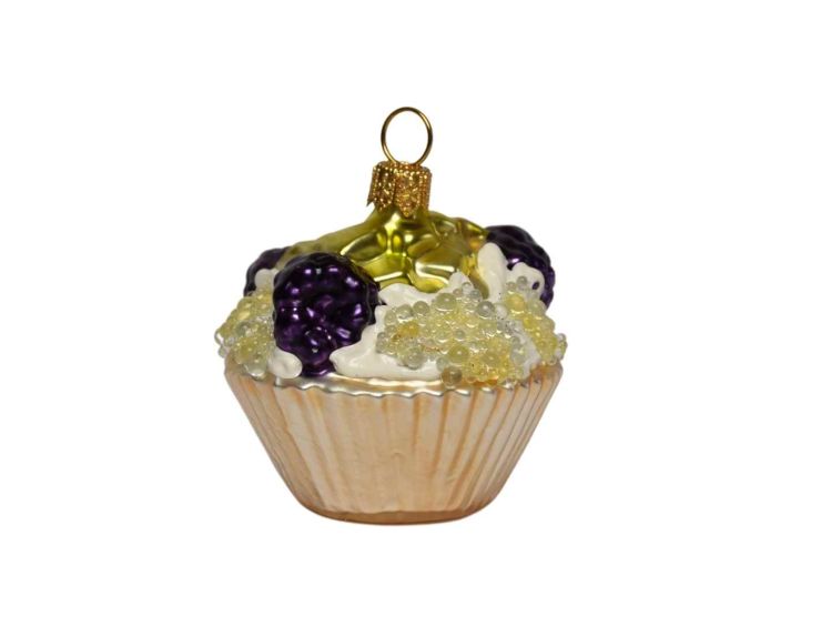 Suspension de Noël en forme de cupcake aux mûres en verre soufflé et décoré à la main. Hauteur 6 cm.