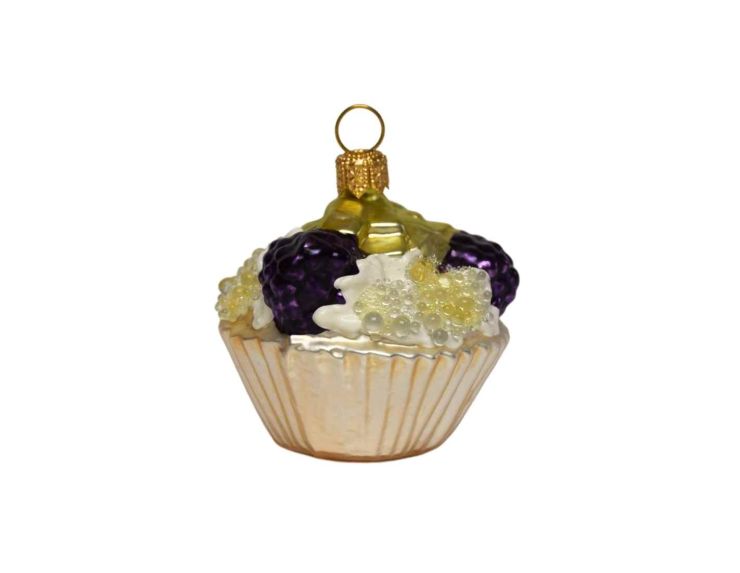 Suspension de Noël en forme de cupcake aux mûres en verre soufflé et décoré à la main. Hauteur 6 cm.
