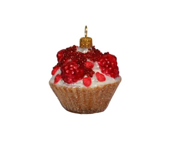 Suspension Noël verre soufflé cupcake crème nacrée fruits rouges en relief perles brillantes capuchon doré H6cm