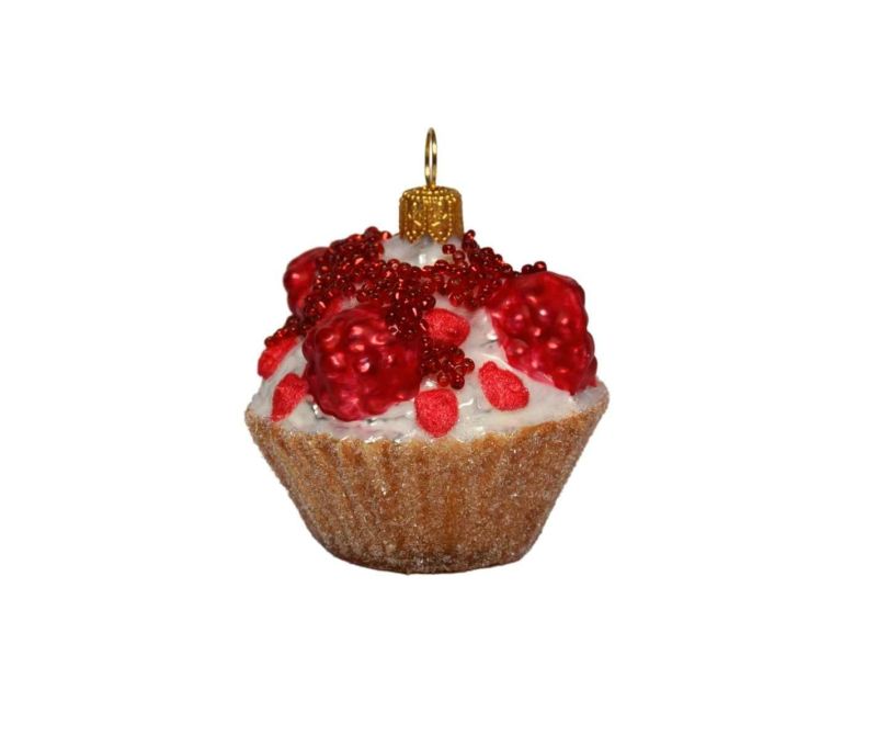 Suspension Noël verre soufflé cupcake crème nacrée fruits rouges en relief perles brillantes capuchon doré H6cm